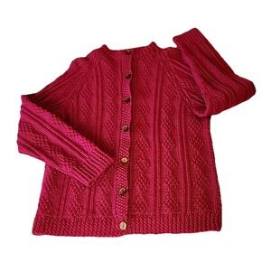 Womens Fisherman Cable Knit Cardigan Sz M Hand Knit Pink Cottage Retro Sweater